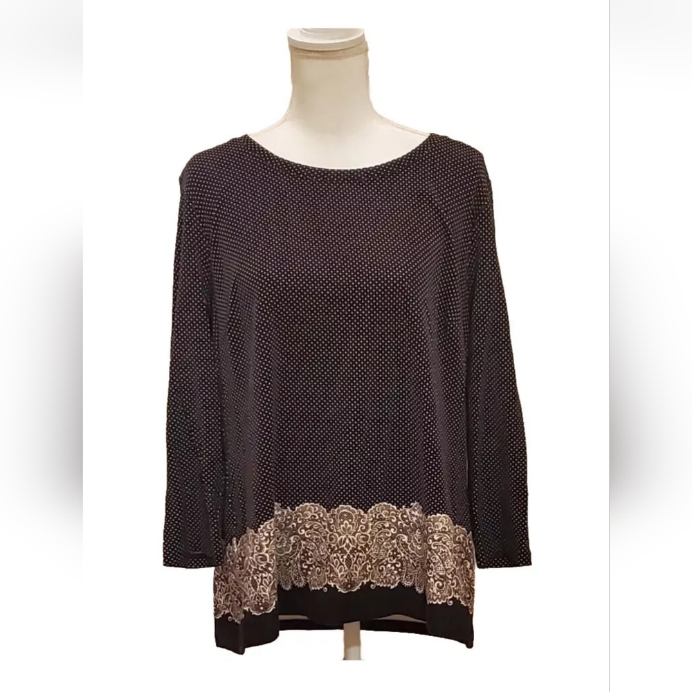 Talbots Womens Blouse Black White Polka Dot Floral Hem Long Sleeve  Large